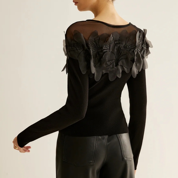 NWT Commence Semi-Sheer Floral Decor Slim Blouse Women's S Black Bobo Retro Y2K - Picture 6 of 10